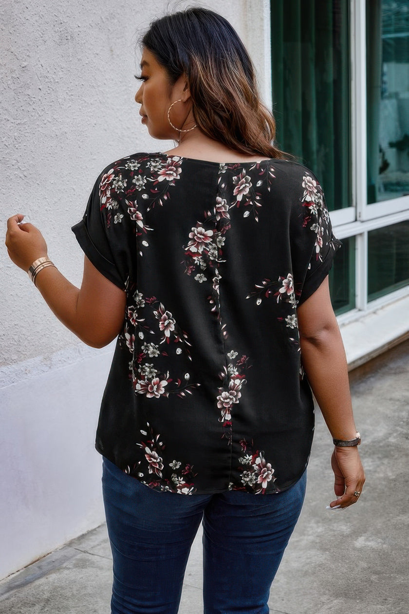 Plus Size Floral Print V Neck Loose Blouse - Pikemla