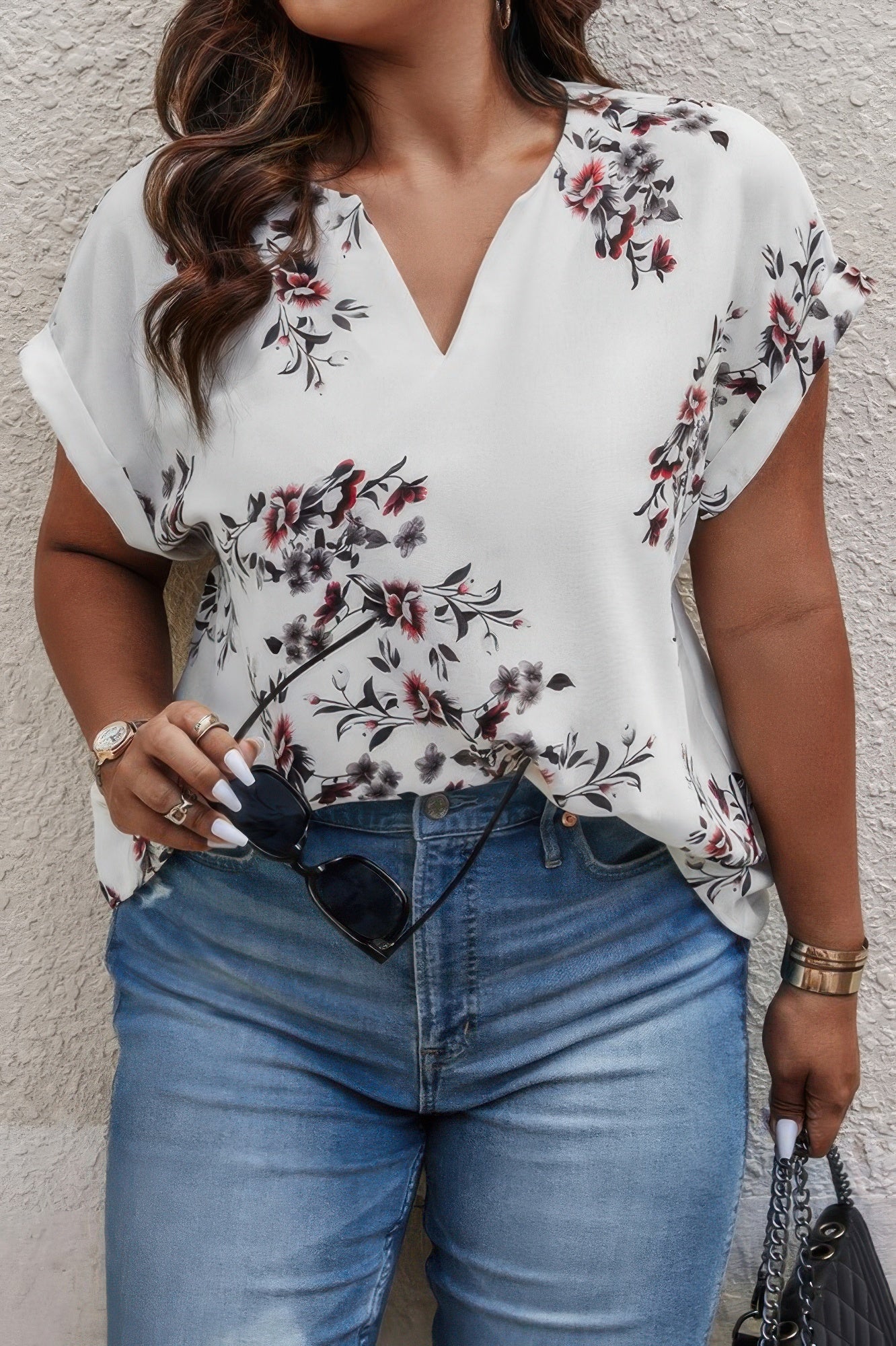 Plus Size Floral Print V Neck Loose Blouse - Pikemla