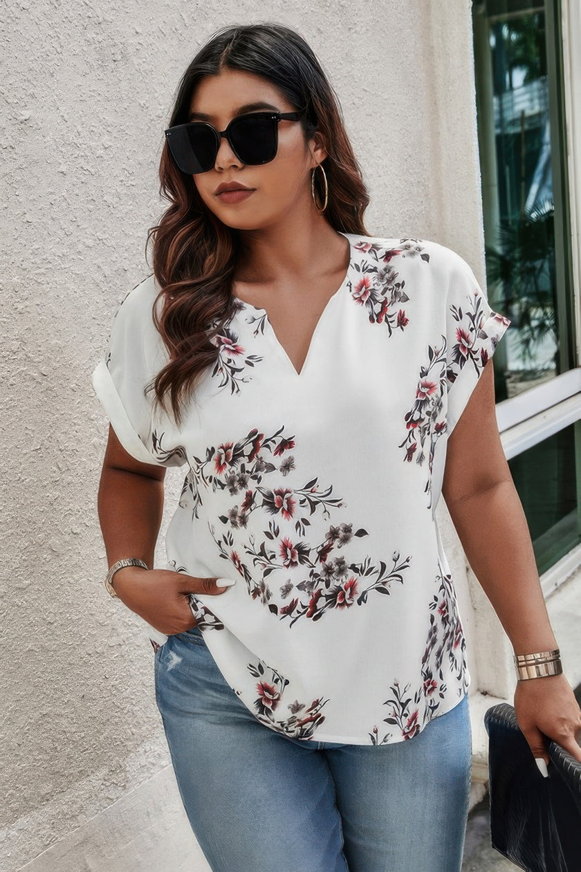 Plus Size Floral Print V Neck Loose Blouse - Pikemla