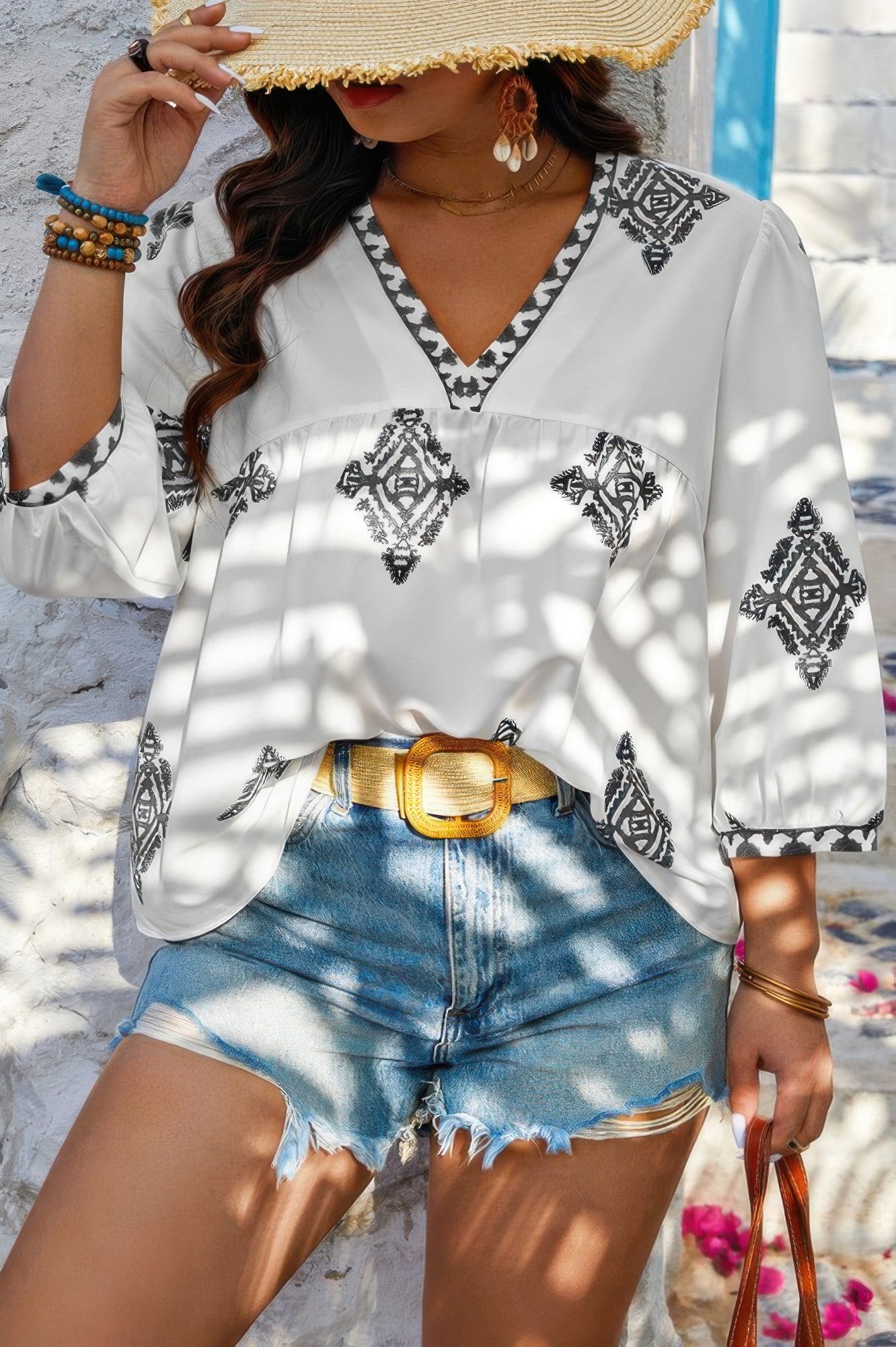 Plus V Neck Geometric Printed Embroidered Peplum Shirt - Pikemla