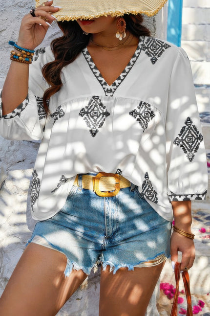 Plus V Neck Geometric Printed Embroidered Peplum Shirt - Pikemla