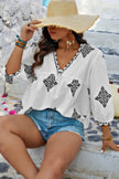 Plus V Neck Geometric Printed Embroidered Peplum Shirt - Pikemla