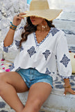 Plus V Neck Geometric Printed Embroidered Peplum Shirt - Pikemla