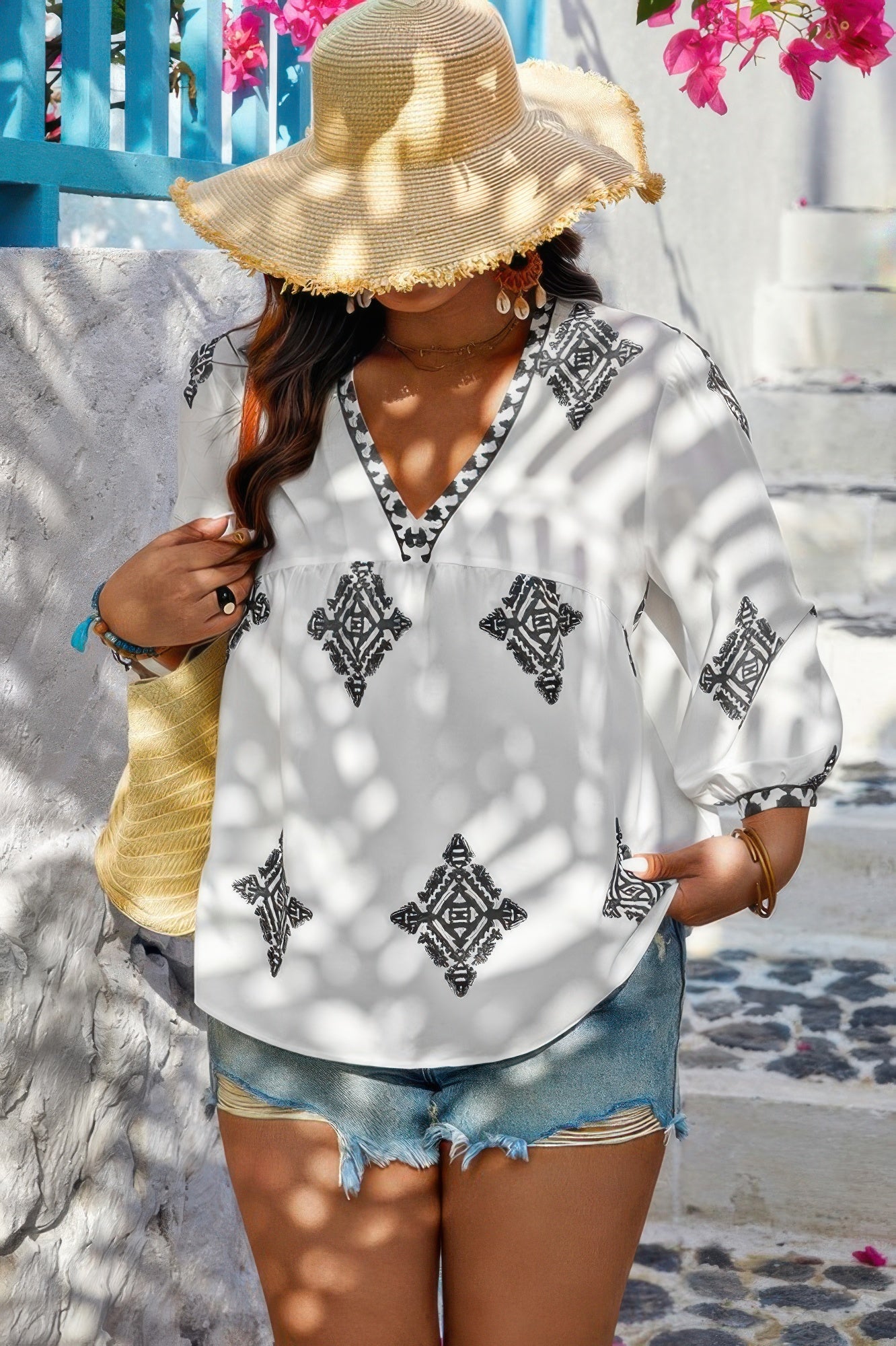 Plus V Neck Geometric Printed Embroidered Peplum Shirt - Pikemla