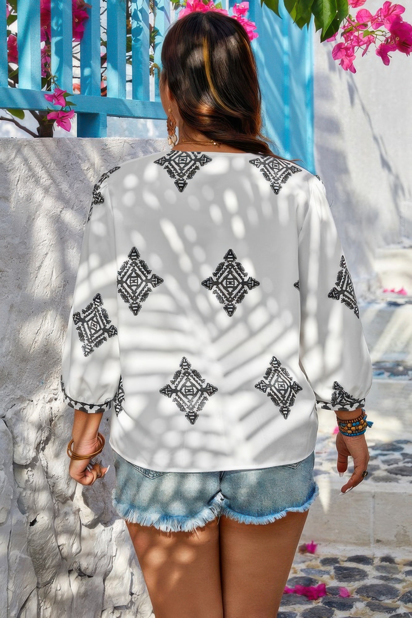 Plus V Neck Geometric Printed Embroidered Peplum Shirt - Pikemla