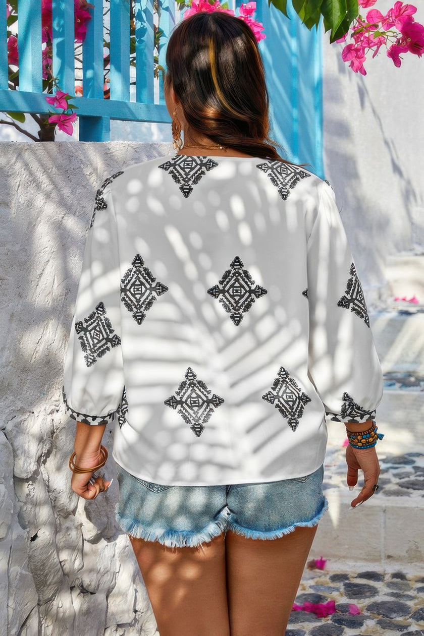 Plus V Neck Geometric Printed Embroidered Peplum Shirt - Pikemla