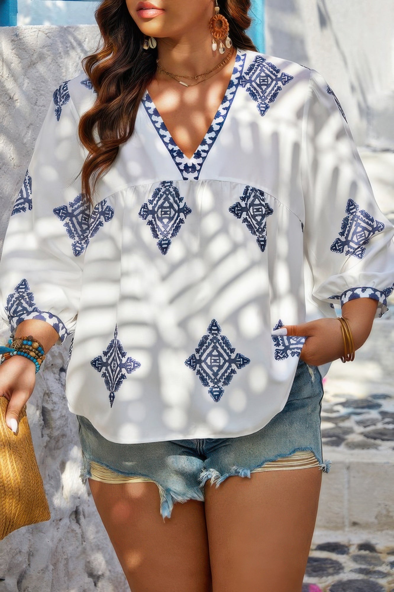 Plus V Neck Geometric Printed Embroidered Peplum Shirt - Pikemla