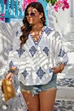 Plus V Neck Geometric Printed Embroidered Peplum Shirt - Pikemla