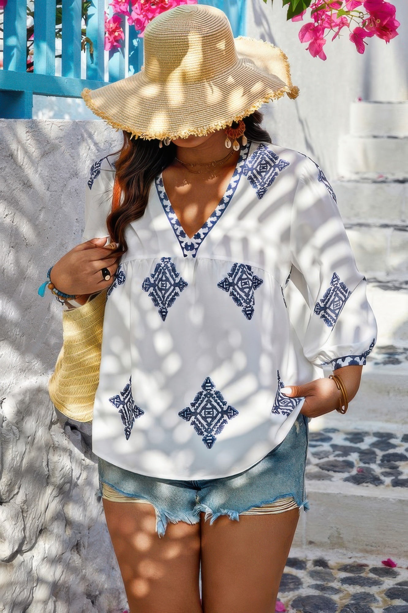 Plus V Neck Geometric Printed Embroidered Peplum Shirt - Pikemla