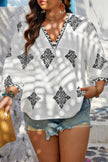 Plus V Neck Geometric Printed Embroidered Peplum Shirt - Pikemla