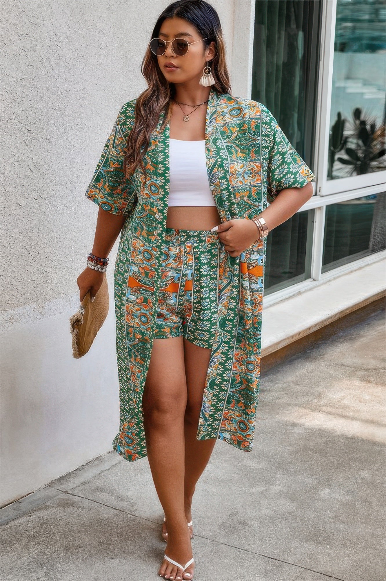 Plus Size Two Pieces Printed Elastic Waist Sets - Pikemla