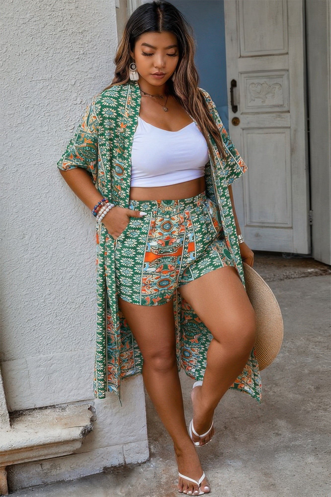 Plus Size Two Pieces Printed Elastic Waist Sets - Pikemla
