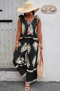 Plus Size Printed Knot Shoulder Wide Leg Sets - Pikemla