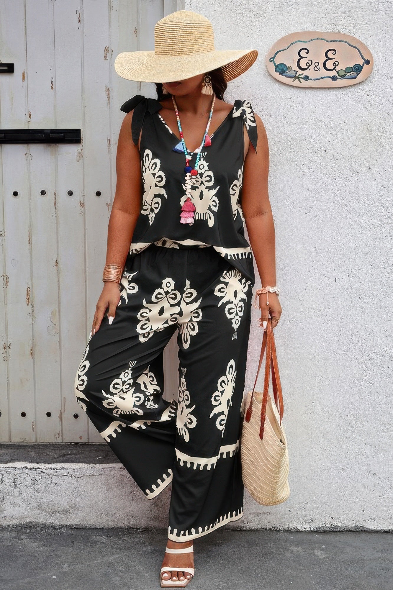 Plus Size Printed Knot Shoulder Wide Leg Sets - Pikemla