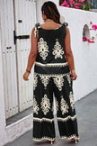 Plus Size Printed Knot Shoulder Wide Leg Sets - Pikemla