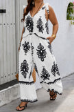 Plus Size Printed Knot Shoulder Wide Leg Sets - Pikemla