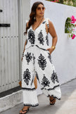 Plus Size Printed Knot Shoulder Wide Leg Sets - Pikemla