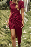 Solid Short Sleeve Twisted Split Fit Midi Dress - Pikemla