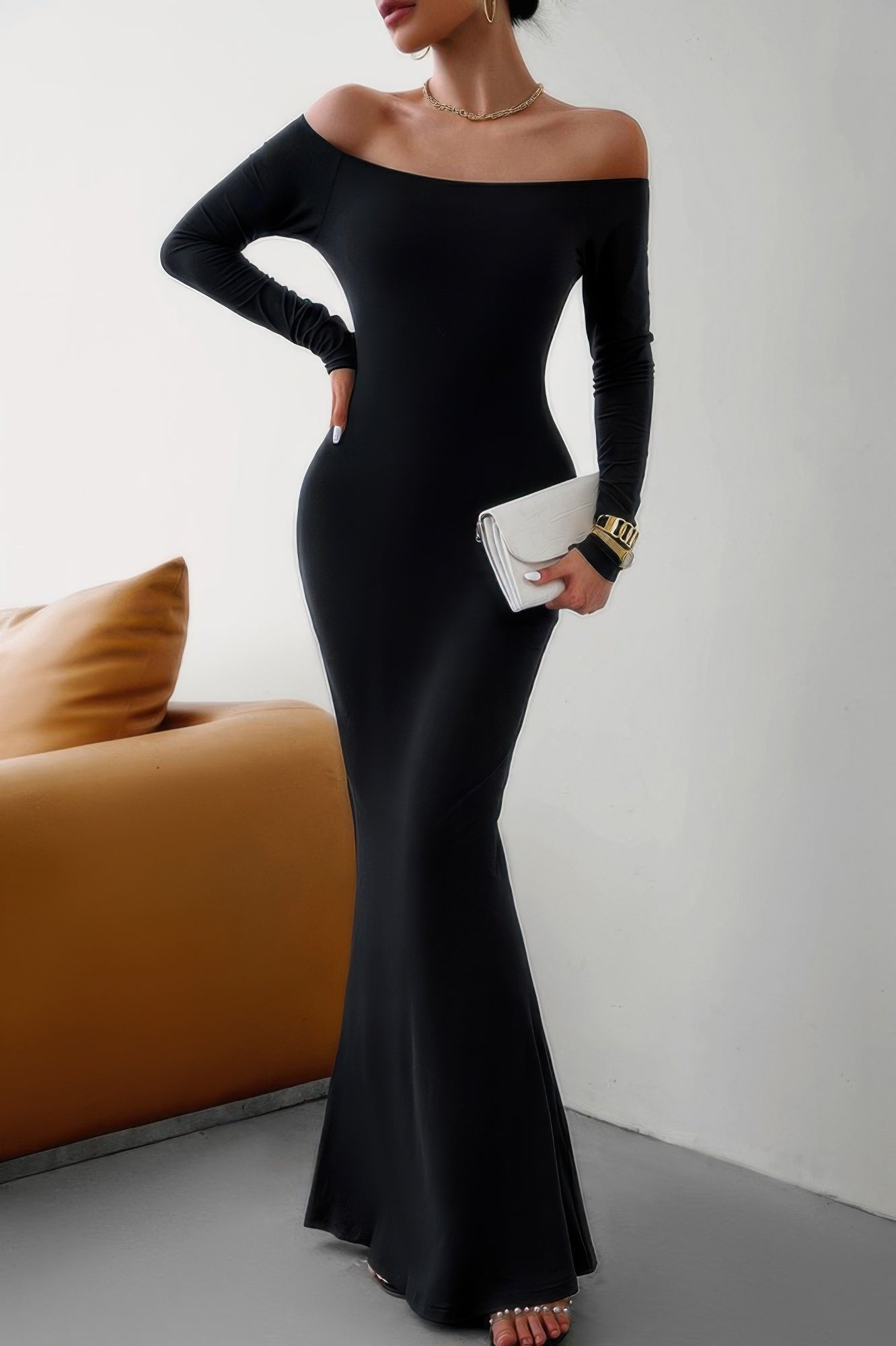 Solid Elastic Off Shoulder Bodycon Long Sleeve Dress - Pikemla