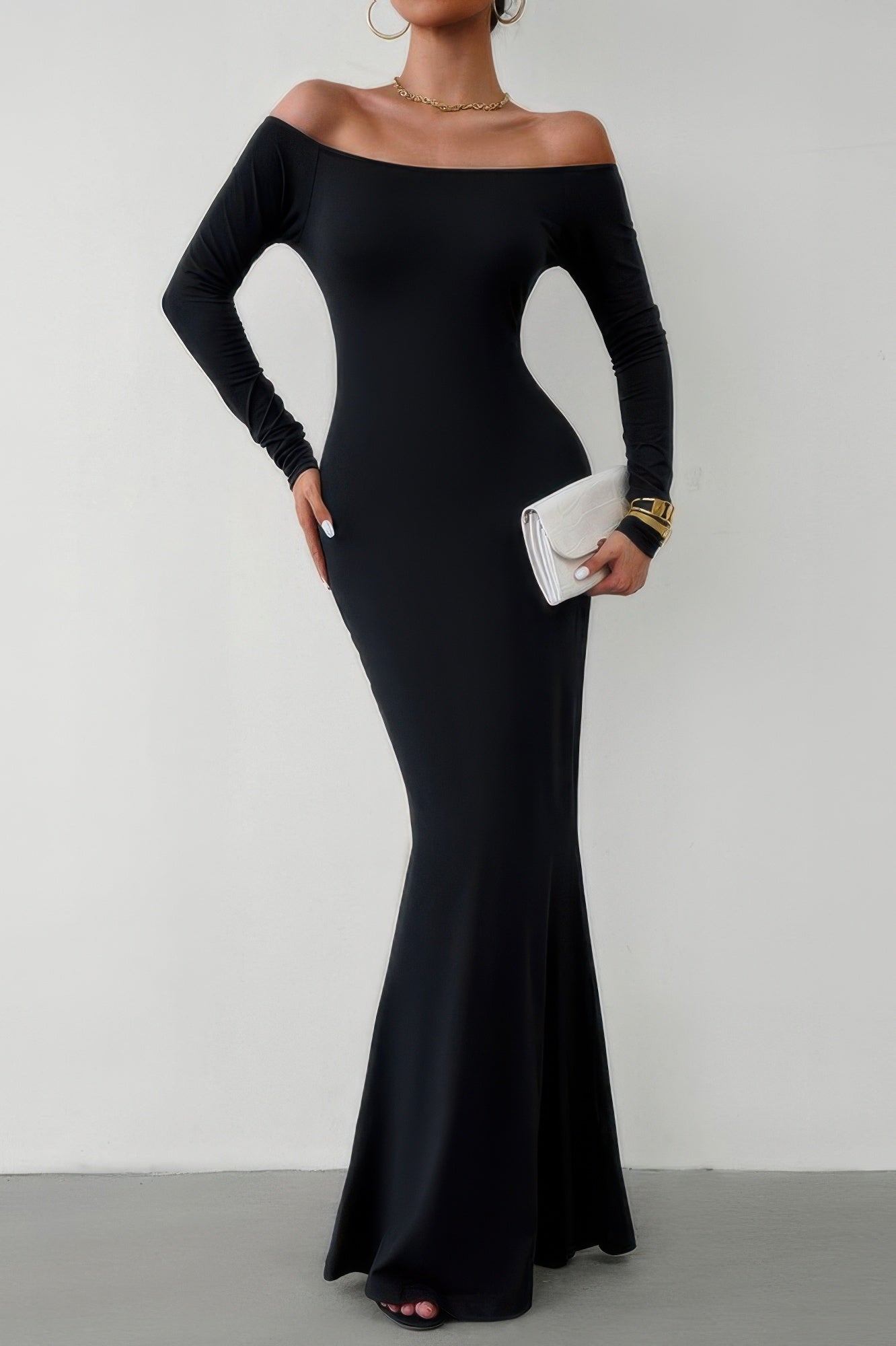 Solid Elastic Off Shoulder Bodycon Long Sleeve Dress - Pikemla