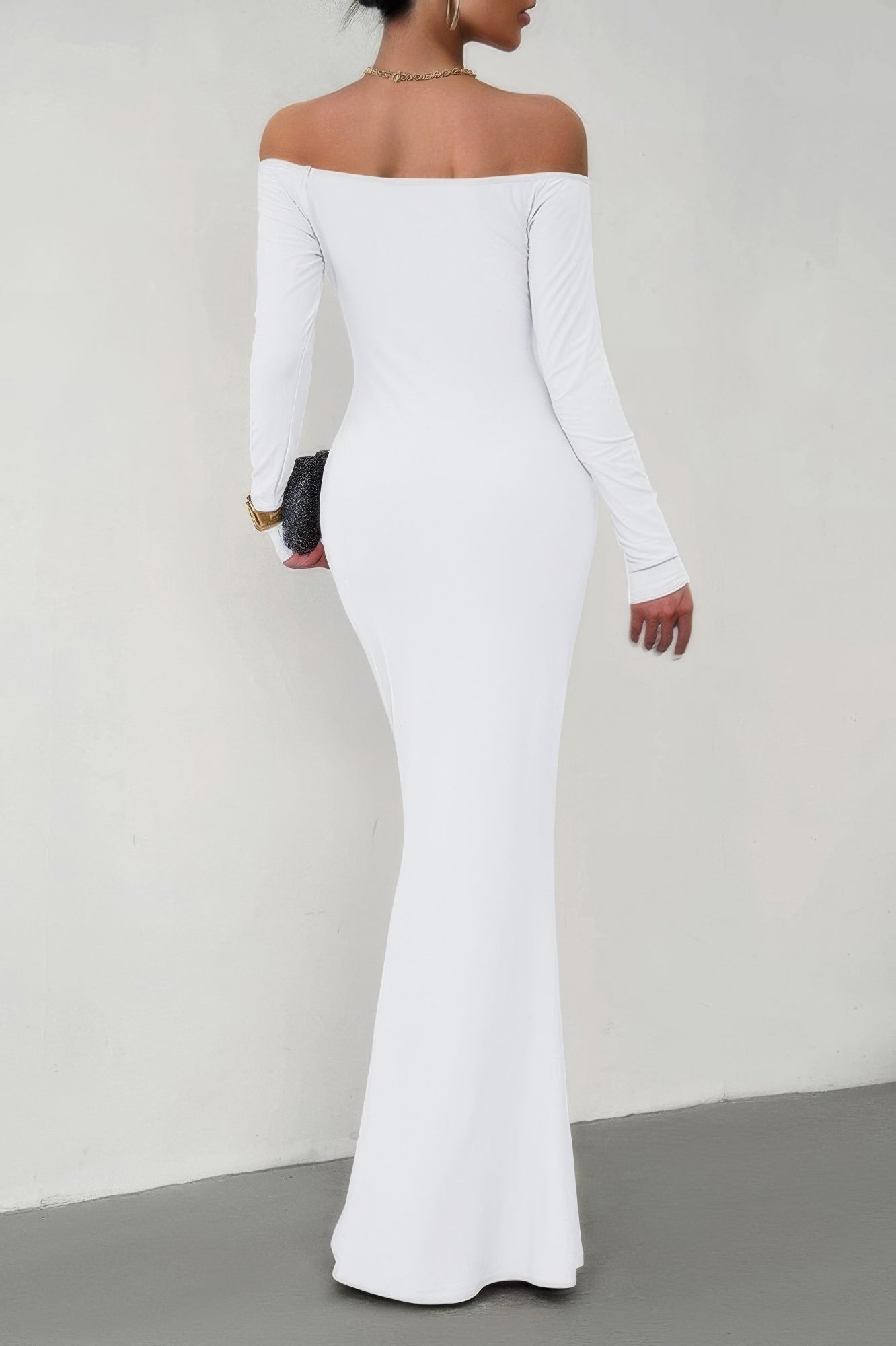 Solid Elastic Off Shoulder Bodycon Long Sleeve Dress - Pikemla