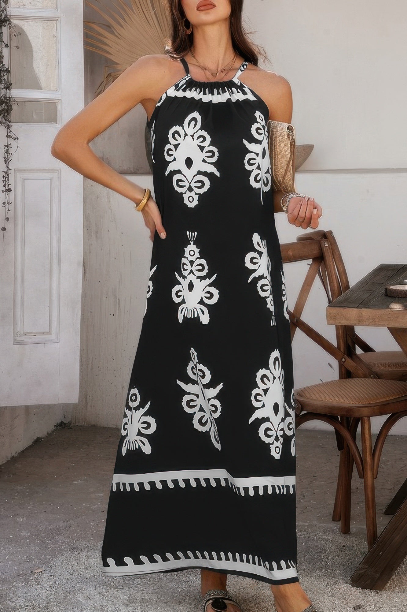 Geo Print Halter Sleeveless Loose Fit Dress - Pikemla