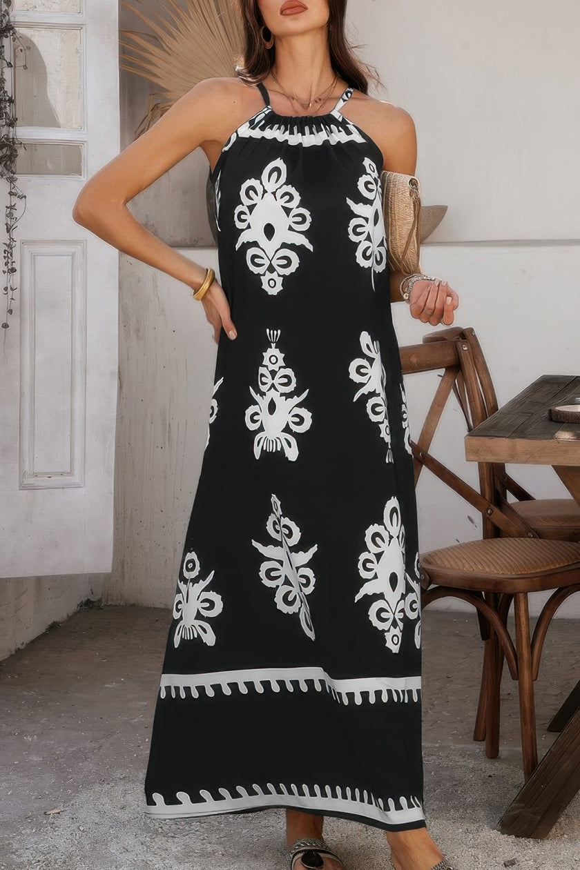 Geo Print Halter Sleeveless Loose Fit Dress - Pikemla