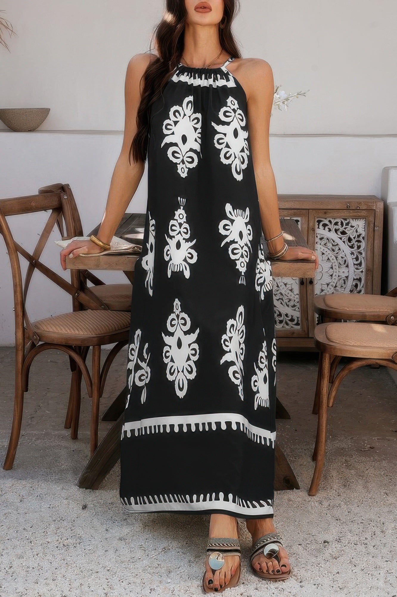 Geo Print Halter Sleeveless Loose Fit Dress - Pikemla
