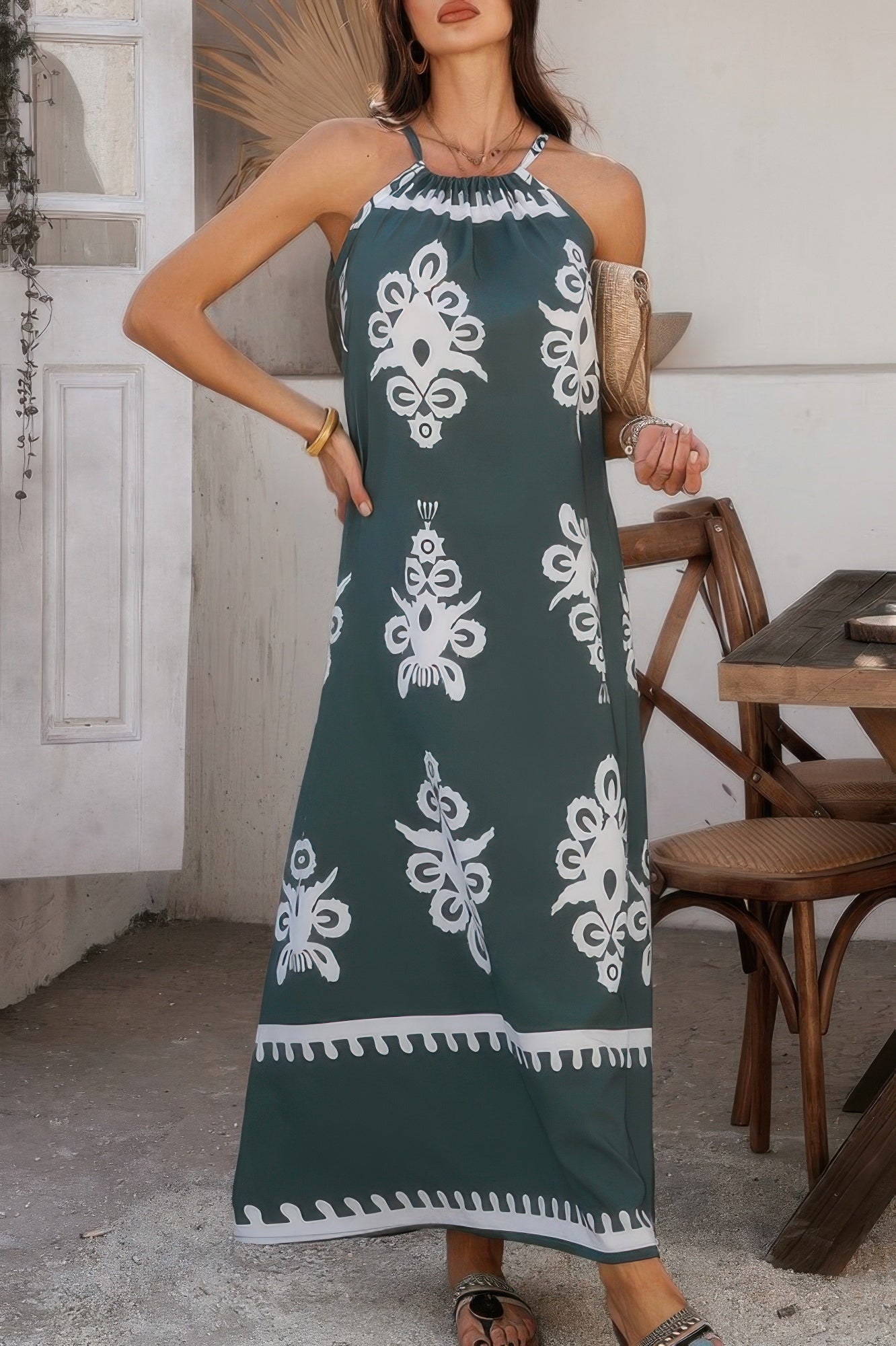 Geo Print Halter Sleeveless Loose Fit Dress - Pikemla