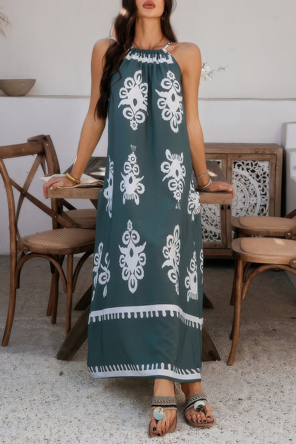 Geo Print Halter Sleeveless Loose Fit Dress - Pikemla