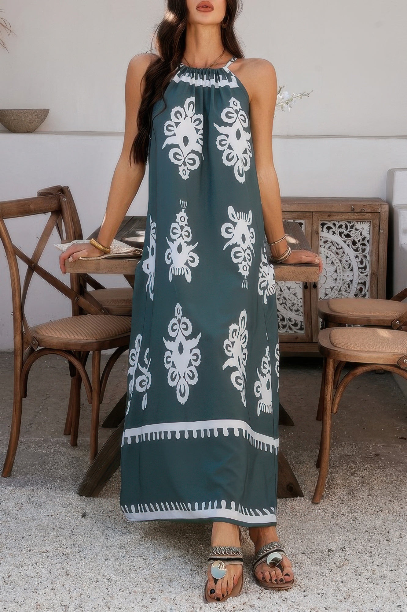Geo Print Halter Sleeveless Loose Fit Dress - Pikemla