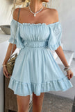 Off Shoulder Square Neck Ruffle Trim Short Dress - Pikemla