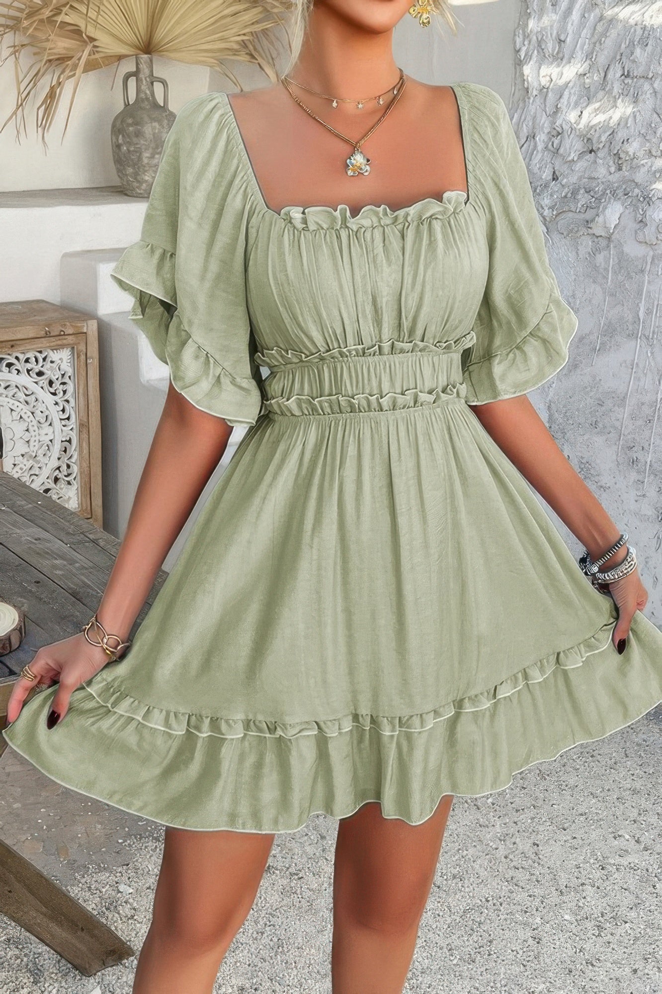 Off Shoulder Square Neck Ruffle Trim Short Dress - Pikemla