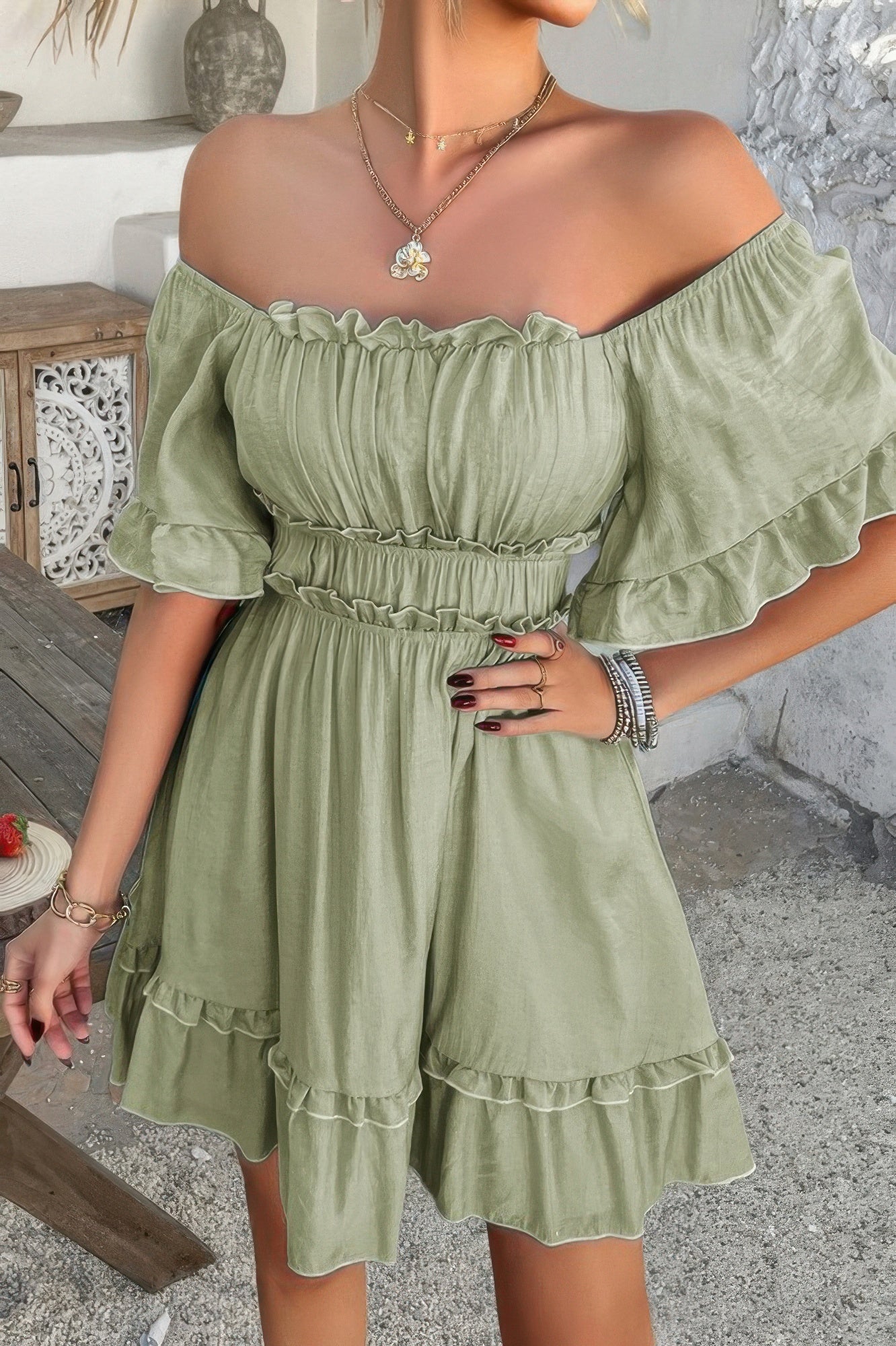 Off Shoulder Square Neck Ruffle Trim Short Dress - Pikemla
