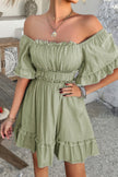 Off Shoulder Square Neck Ruffle Trim Short Dress - Pikemla