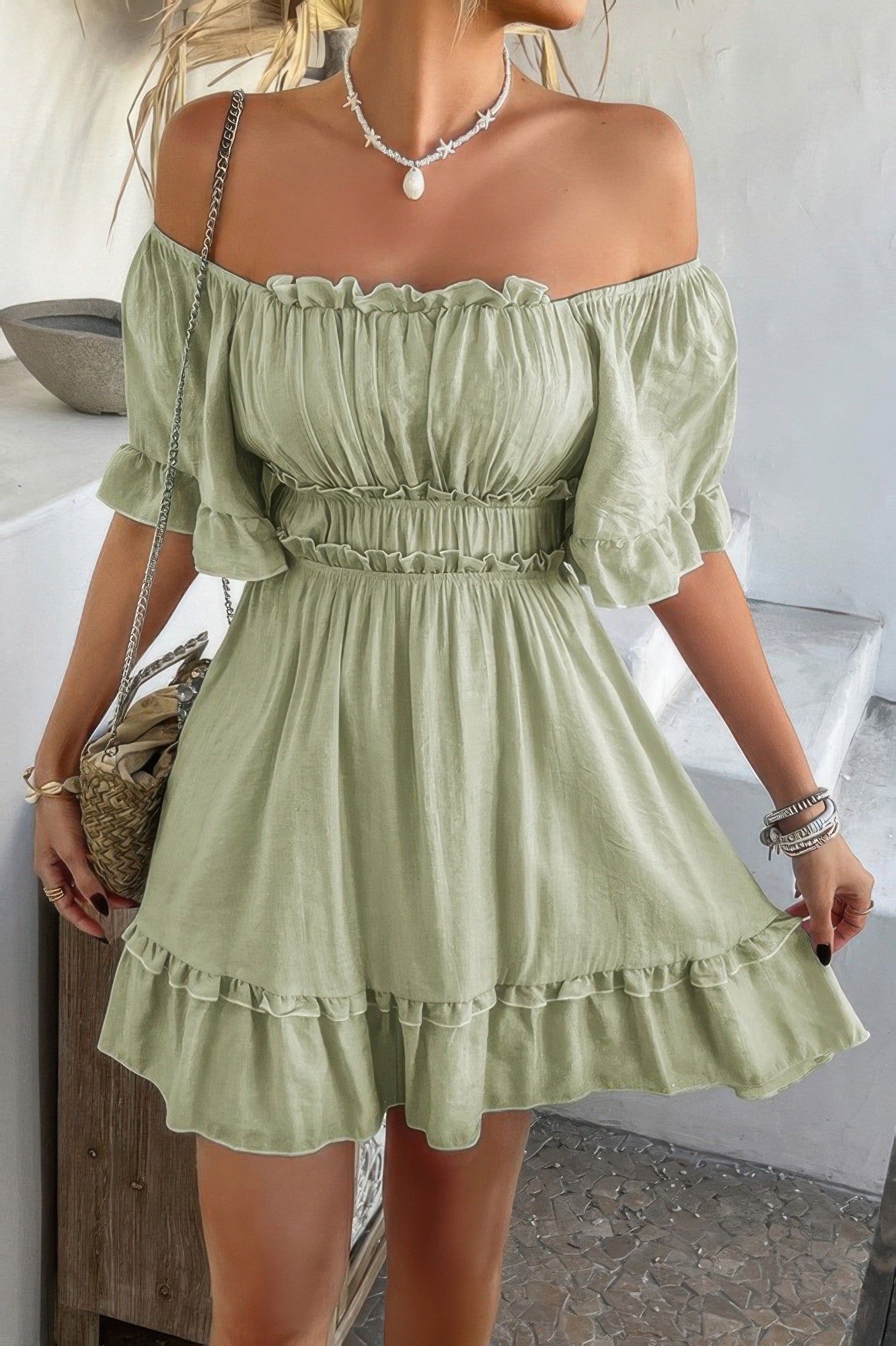 Off Shoulder Square Neck Ruffle Trim Short Dress - Pikemla