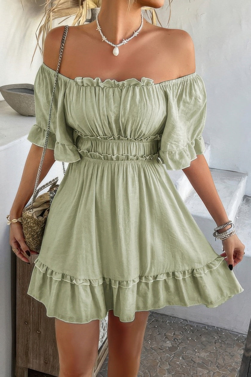 Off Shoulder Square Neck Ruffle Trim Short Dress - Pikemla