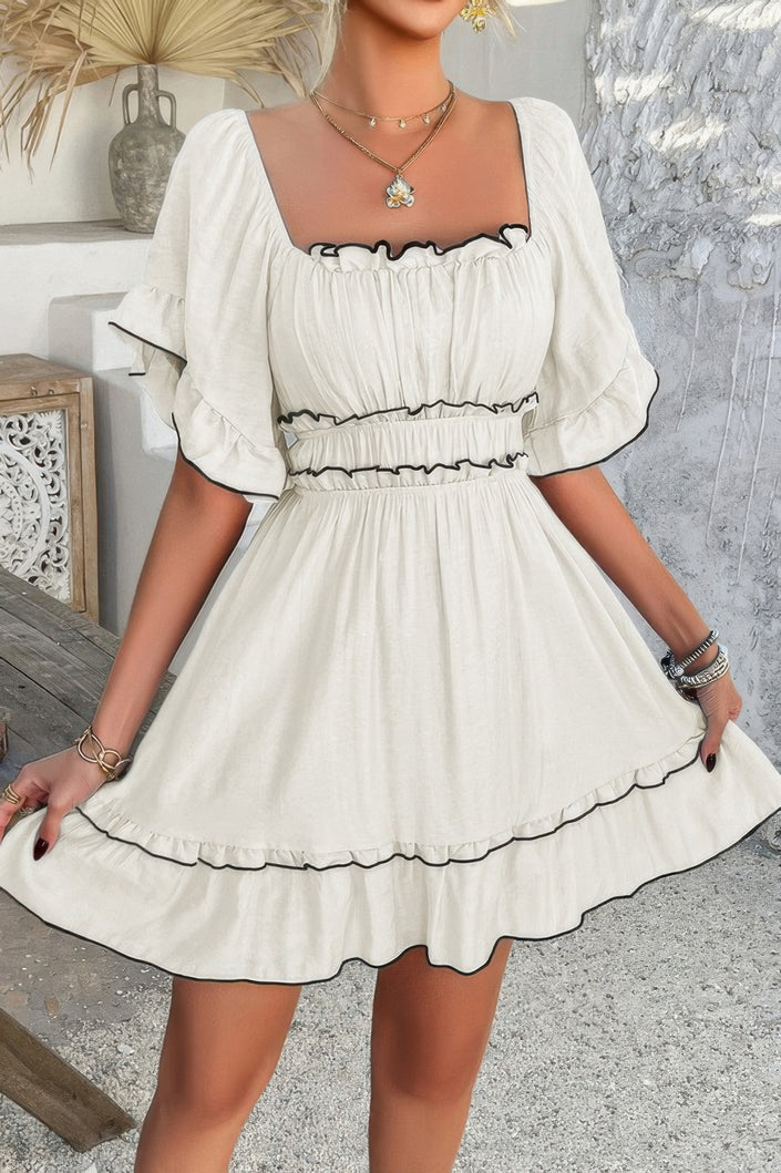Off Shoulder Square Neck Ruffle Trim Short Dress - Pikemla
