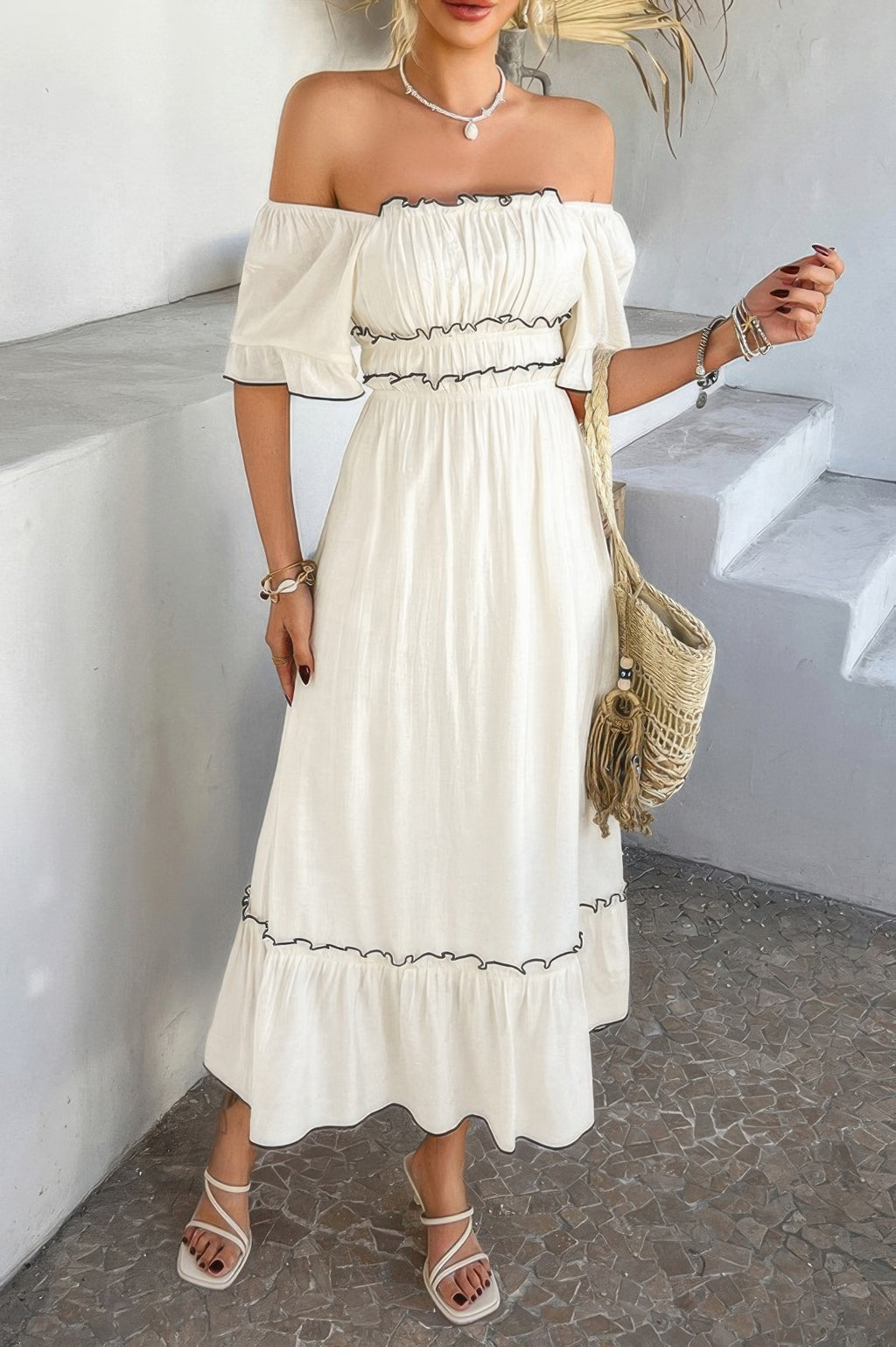 Off Shoulder Bodycon Backless Ruffle Trim Dress - Pikemla