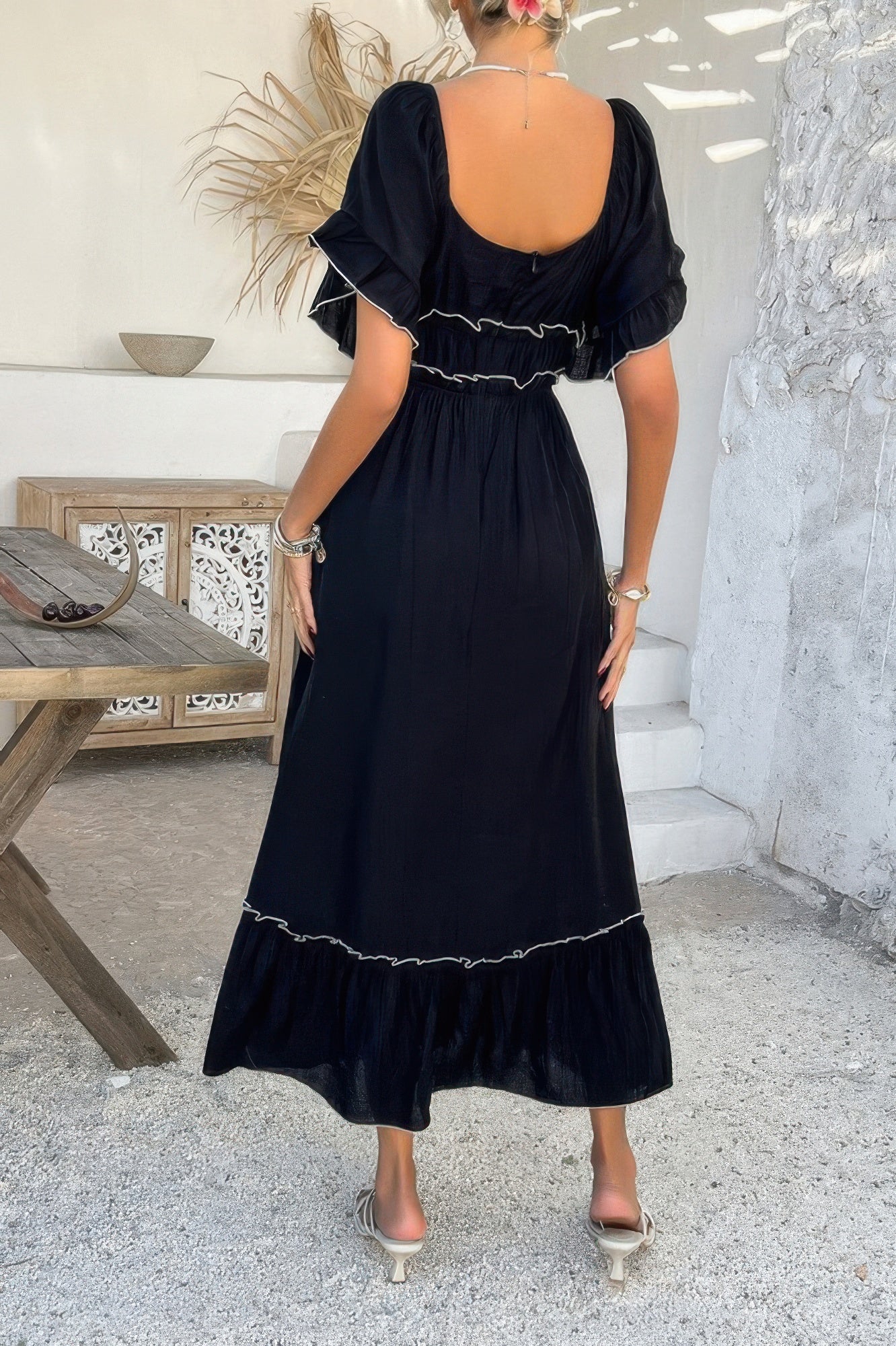 Off Shoulder Bodycon Backless Ruffle Trim Dress - Pikemla