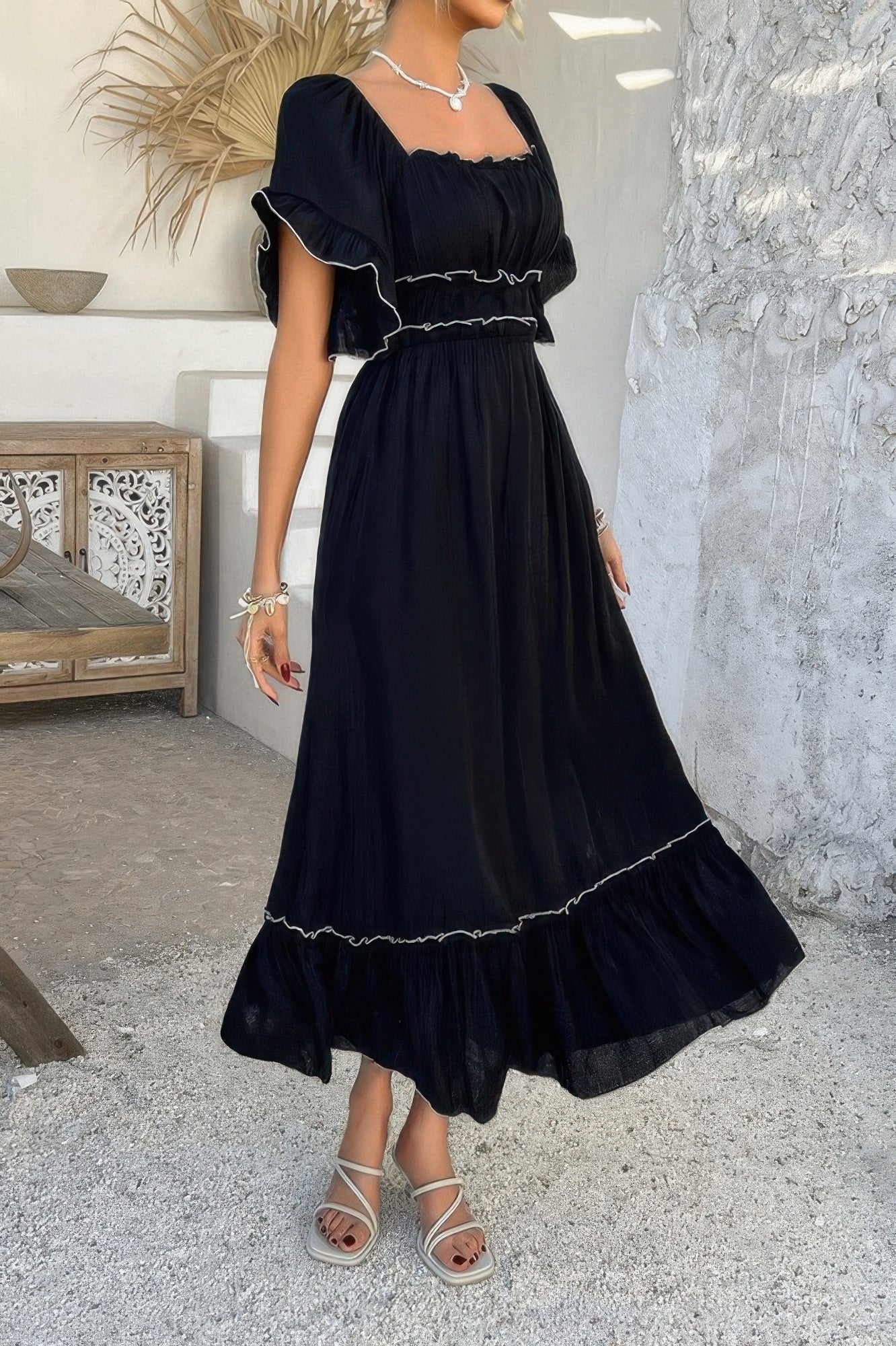 Off Shoulder Bodycon Backless Ruffle Trim Dress - Pikemla