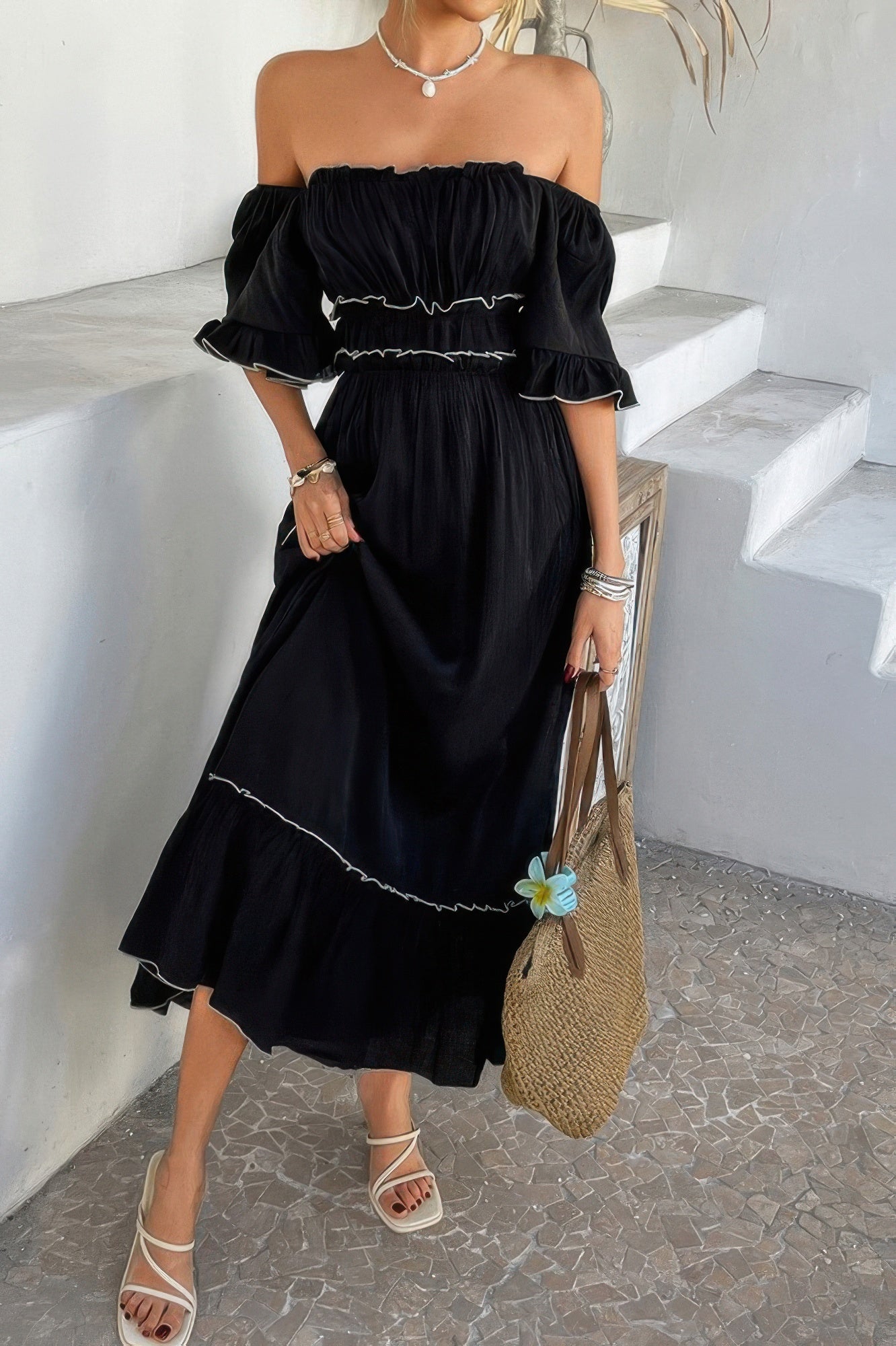 Off Shoulder Bodycon Backless Ruffle Trim Dress - Pikemla