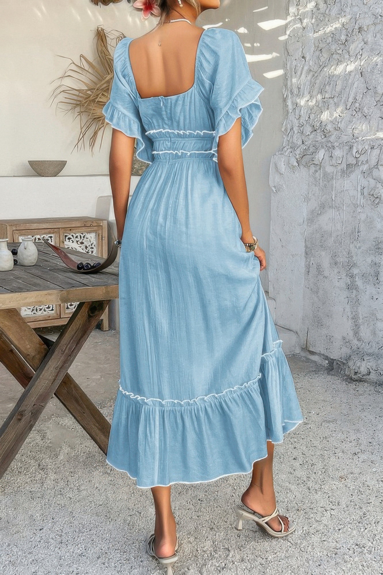 Off Shoulder Bodycon Backless Ruffle Trim Dress - Pikemla