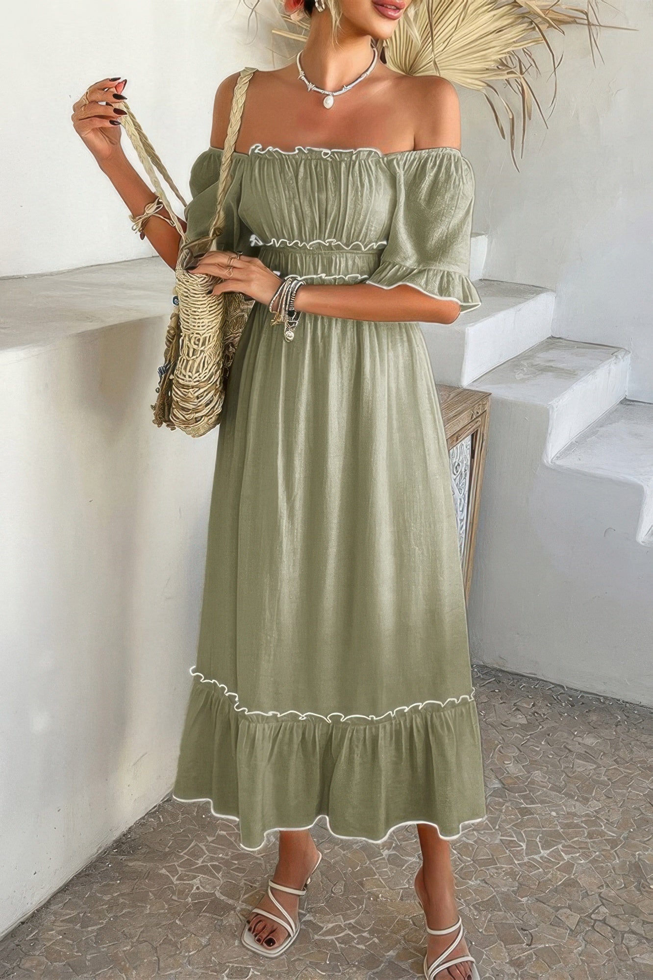 Off Shoulder Bodycon Backless Ruffle Trim Dress - Pikemla