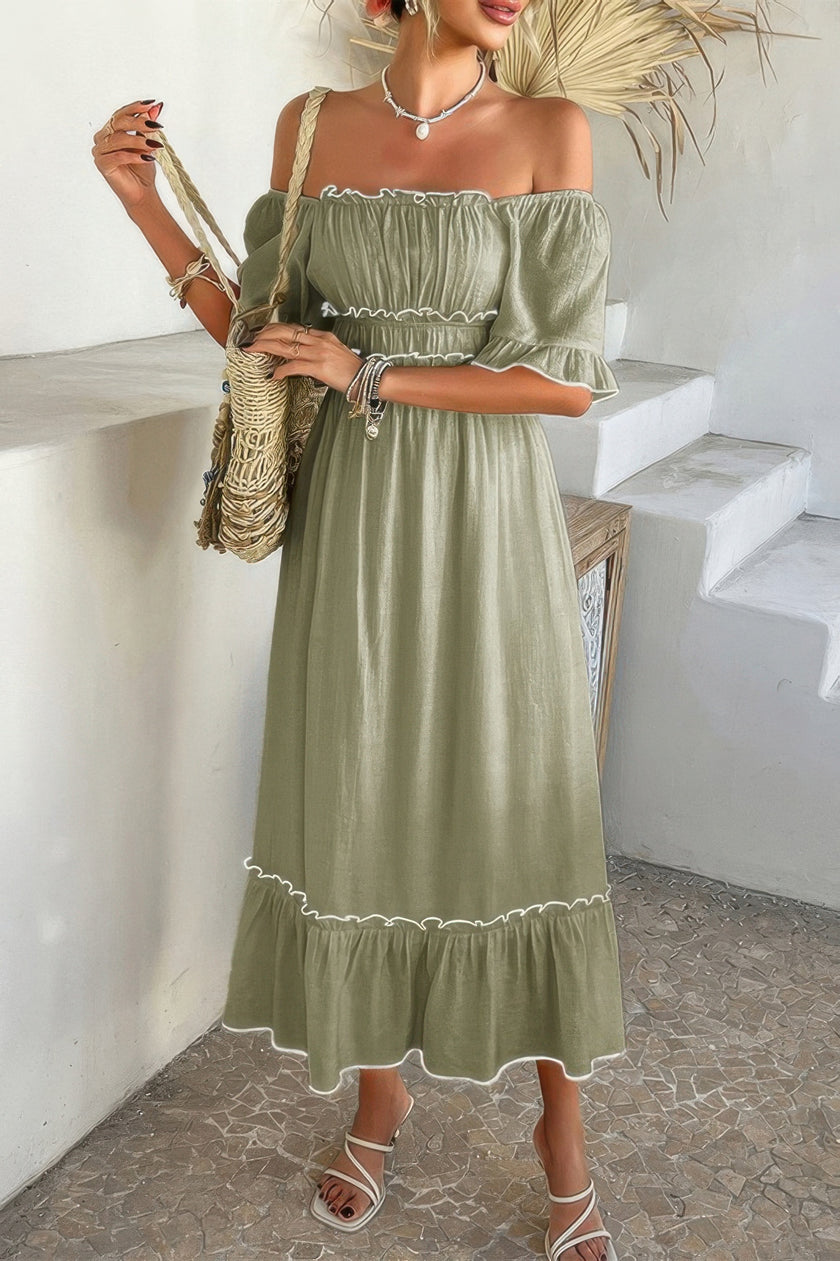 Off Shoulder Bodycon Backless Ruffle Trim Dress - Pikemla