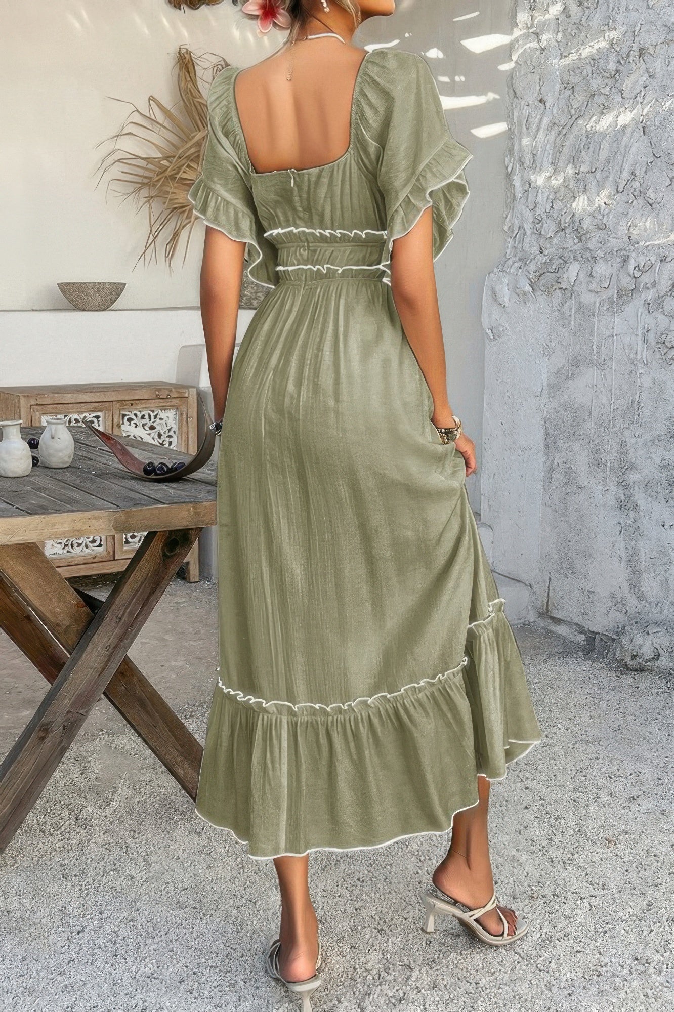 Off Shoulder Bodycon Backless Ruffle Trim Dress - Pikemla