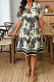 Plus Size Floral Print V Neck Fit Midi Dress - Pikemla