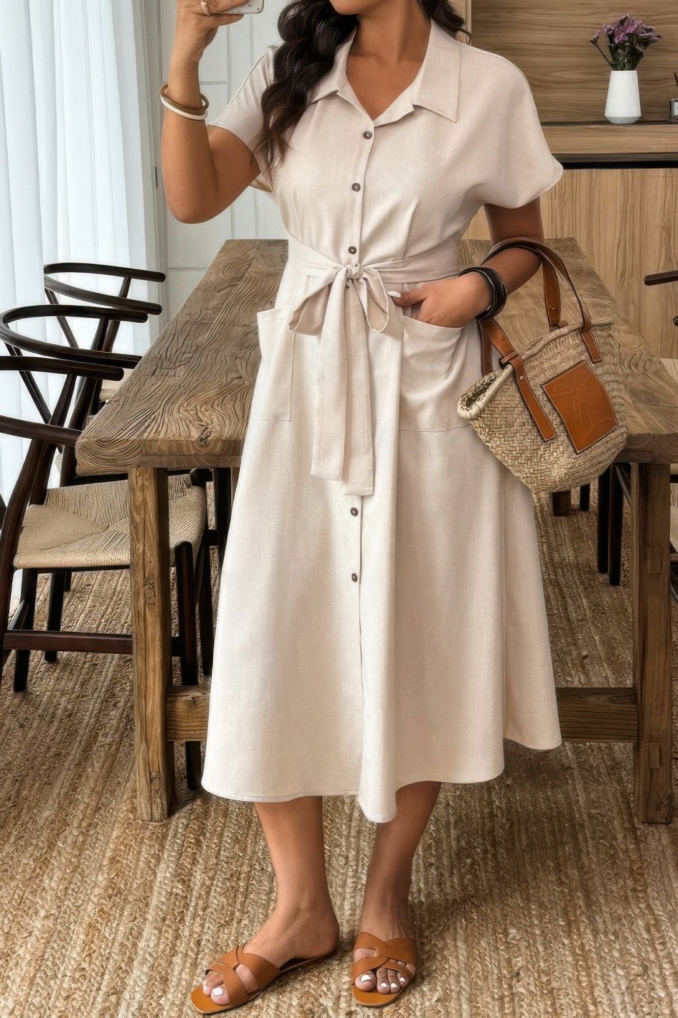 Plus Solid Button Down Straight Belted Shirt Dress - Pikemla