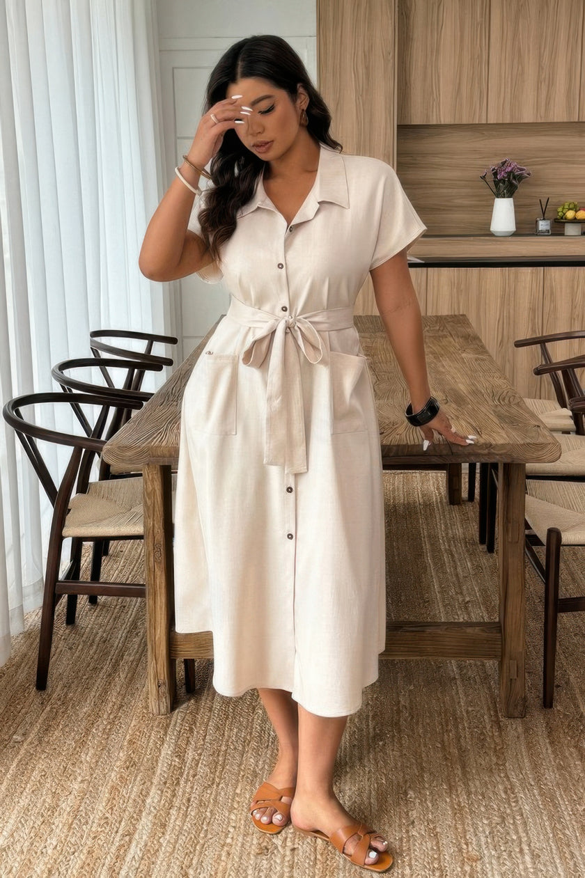 Plus Solid Button Down Straight Belted Shirt Dress - Pikemla