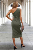 Solid One Shoulder Sleeveless Bodycon Midi Dress - Pikemla